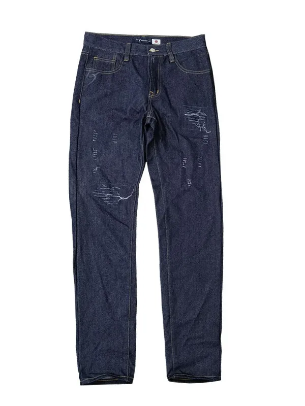 

Мужские джинсы прямого кроя слим, синие, повседневные, длинные, с рваными элементами, оригинальный цвет индиго, низкая посадка, застежка-молния, весенний сезон