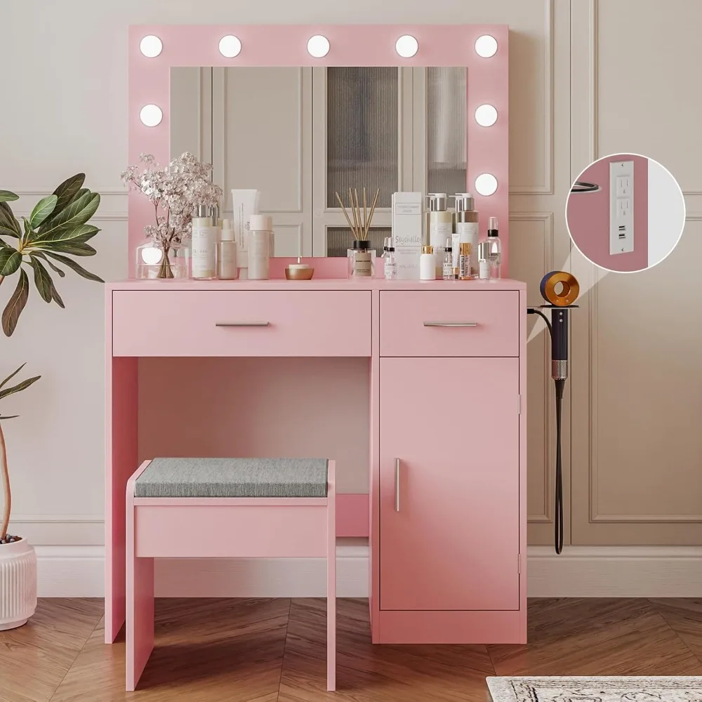 

Vanity, Vanity Desk with Mirror, Large Drawer and Power Socket with 11 Light Bulbs and 3 Adjustable Lighting Modes, Vanity Table