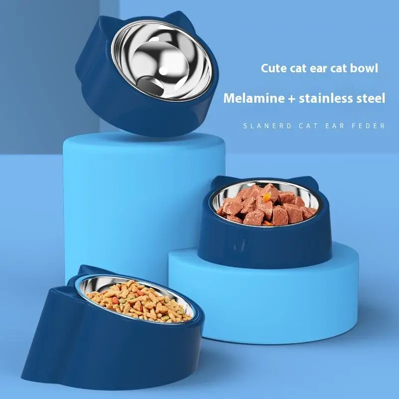

Cat Bowl Medium-Size High Foot Neck Protection Stainless Steel Cute Ear Design Solid Prevents Black Chin