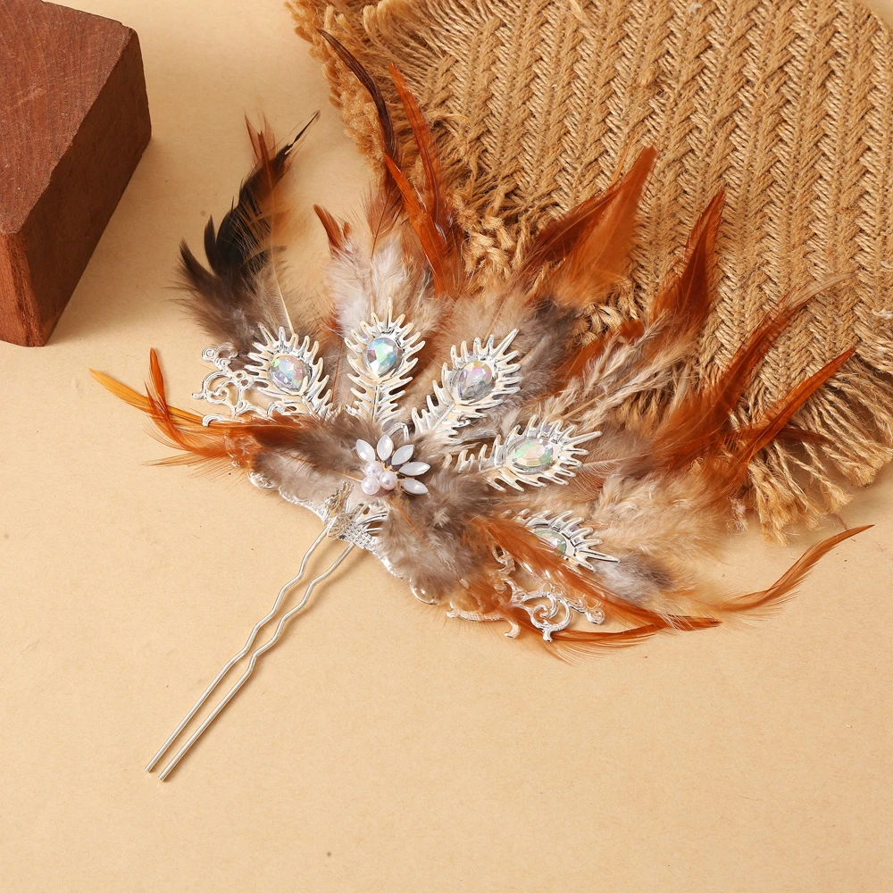 Ethnic Feather Hairpin with Intricate Handcrafted Micro-Embedded Crystal Clips - Thai Dai Alloy Hairpin for Travel Photography W