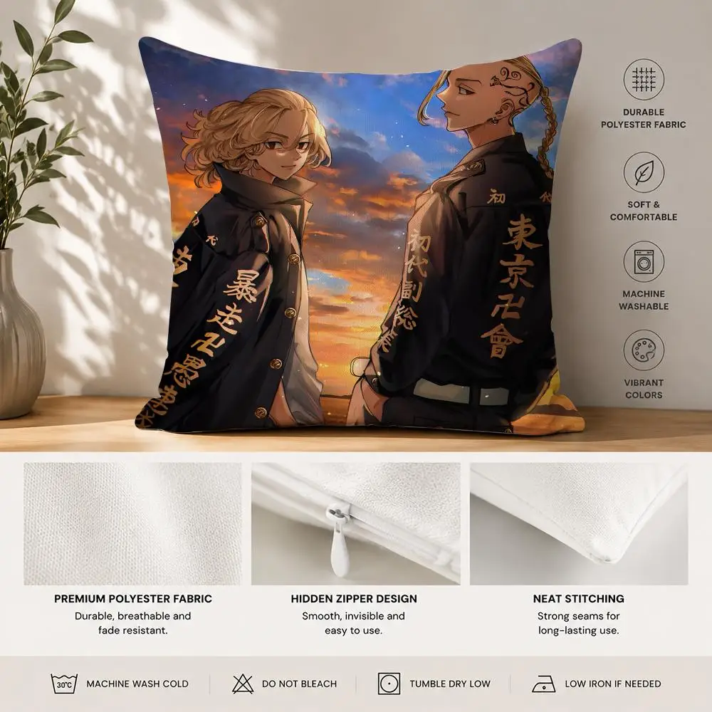 Anime T-Tokyo Revengers Cushion Cover 40x40cm Square Decorative Sofa Cushion Cover Bedroom Living Room Home Decor Gift