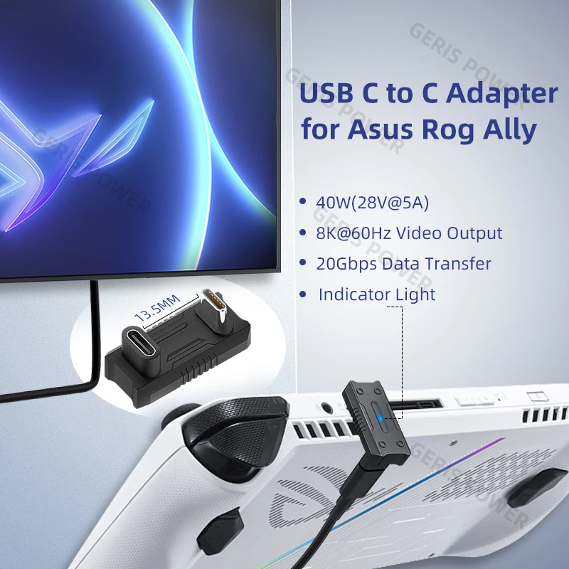 محول USB-C إلى USB-C لـ Asus Rog Ally 20Gbps Type C ذكر إلى أنثى موصل تمديد 8K @ 60 هرتز 180 درجة محول على شكل حرف U