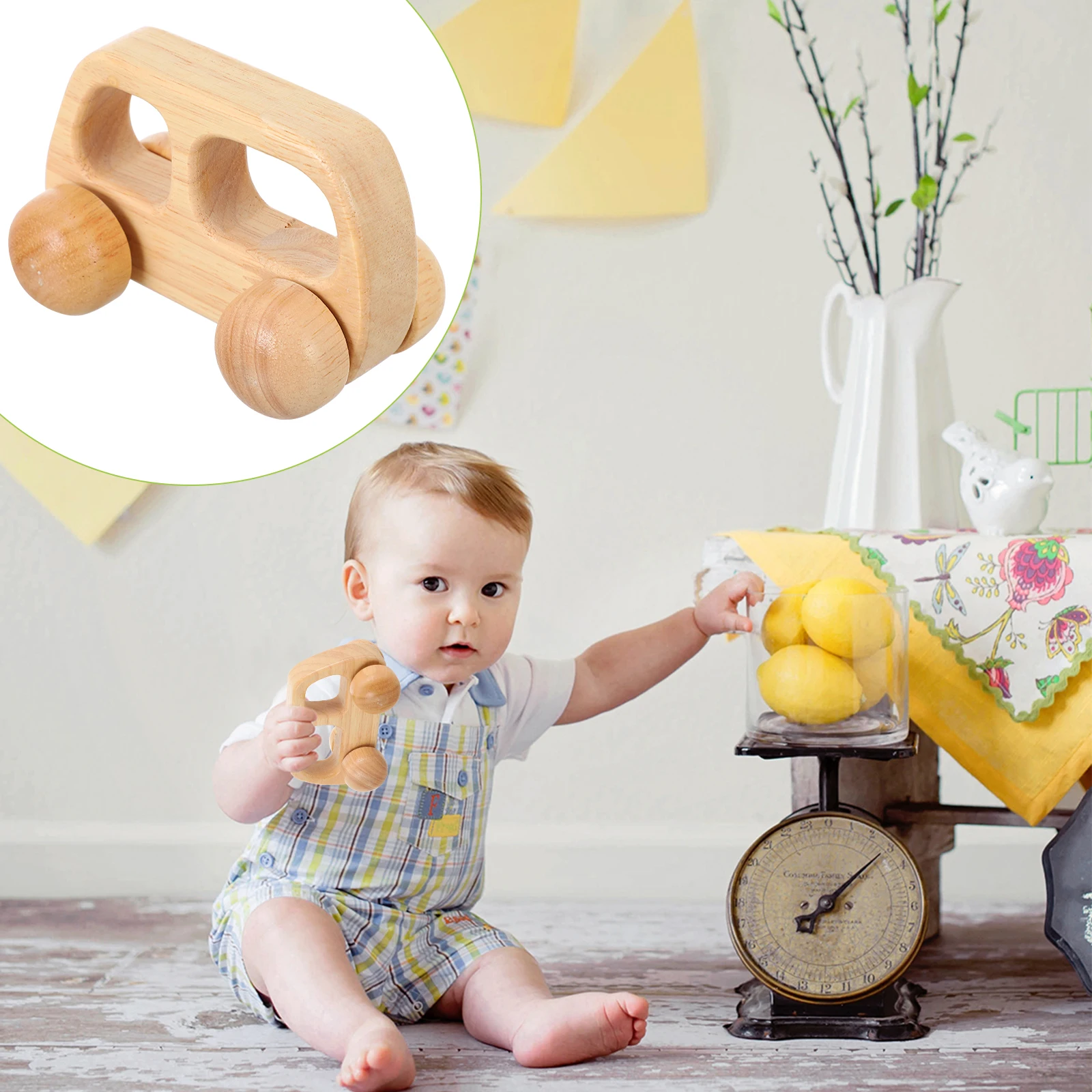

Wooden Baby Push Car Hand Grip Stroller Safe Smooth Rounded Edges Infant Grasp Training Educational Wooden Push Car