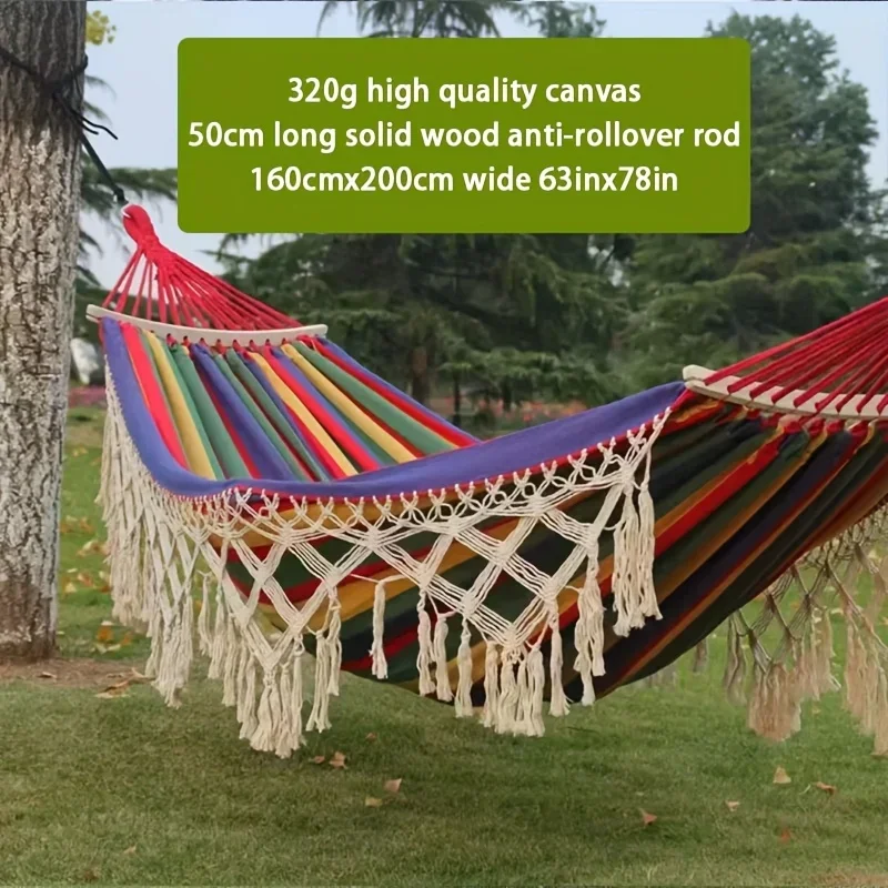 

This Handmade Portable Hammock for Two Features Thickened And Widened Double-Layer Canvas Material, a Non-Slip Design, And Bohem