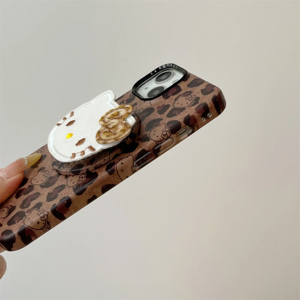 Nuevo cordón de lujo con soporte HelloKitty con estampado de leopardo, adecuado para iPhone 17 12, 13, 14, 15, 16 Pro Max anticaída todo incluido