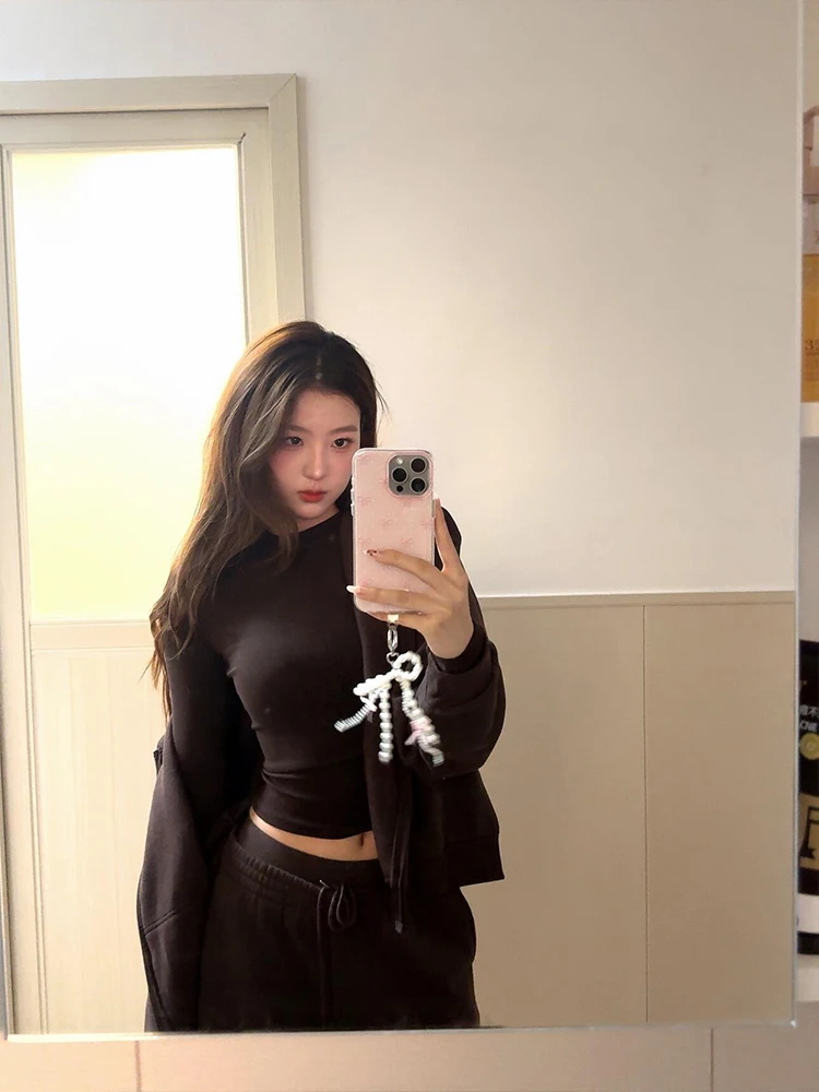 

Ce Brown Long Sve Толстовка с капюшоном Женский повседневный вязаный свитер Кардиган Осенне-зимний комплект Спортивные штаны на подкладке Футболка