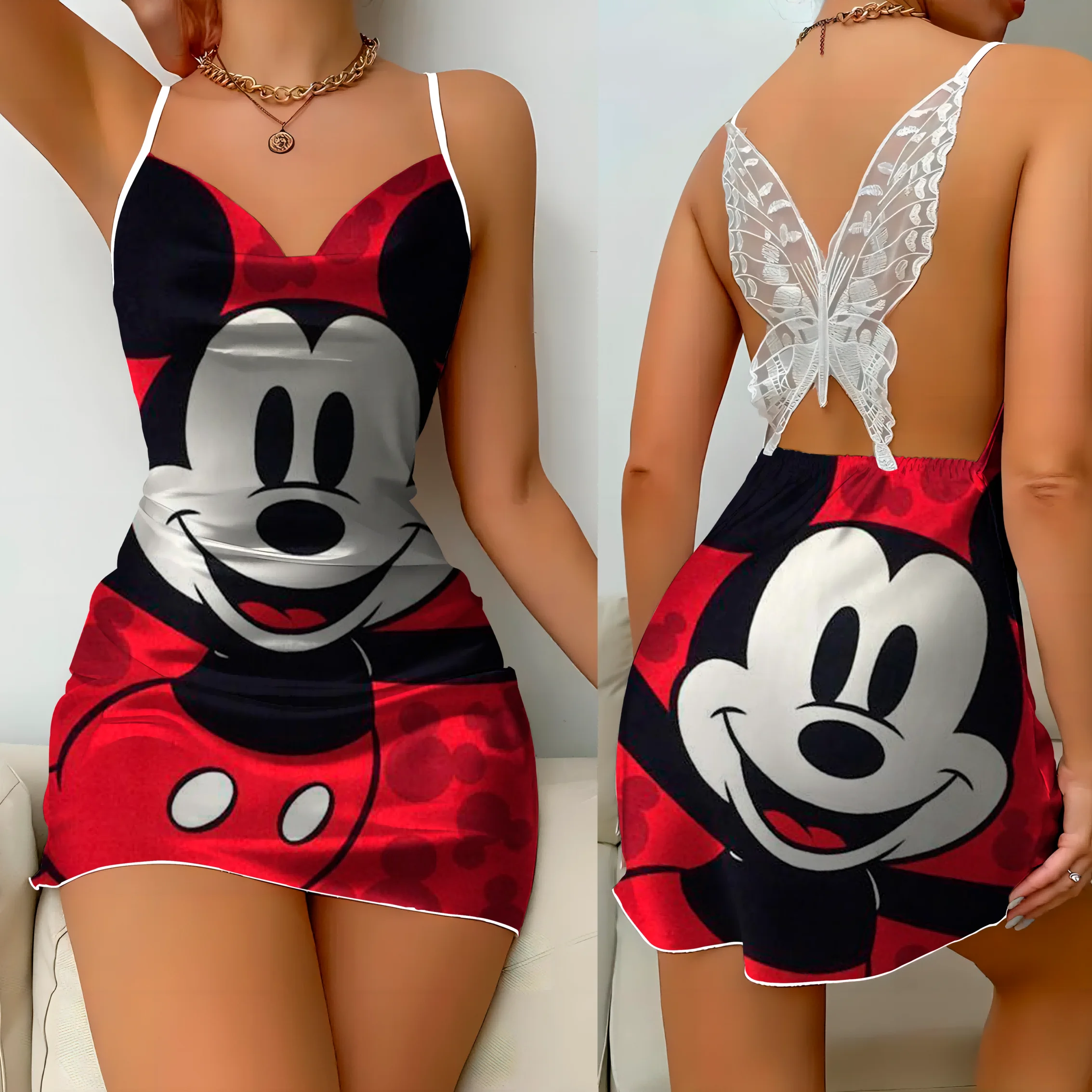 Eleganckie sukienki dla kobiet Spódnica od piżamy Satynowa koronkowa sukienka z kokardą Disney Myszka Minnie Mickey Moda damska Lato 2024