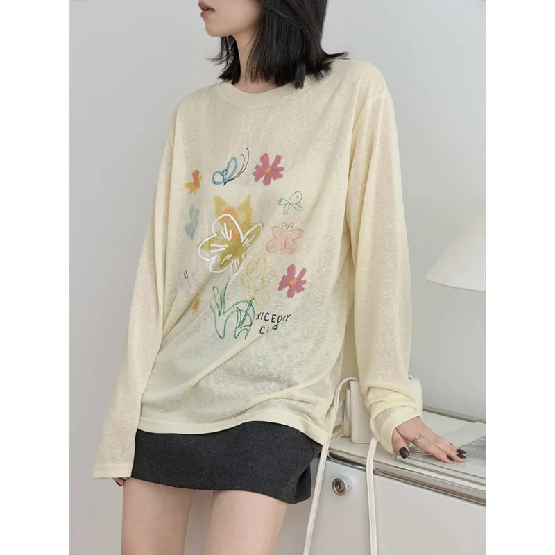Summer Floral Sunscreen Lightweight T-shirt For Women Korean Round Neck Loose Long Sleeve Casual Tops