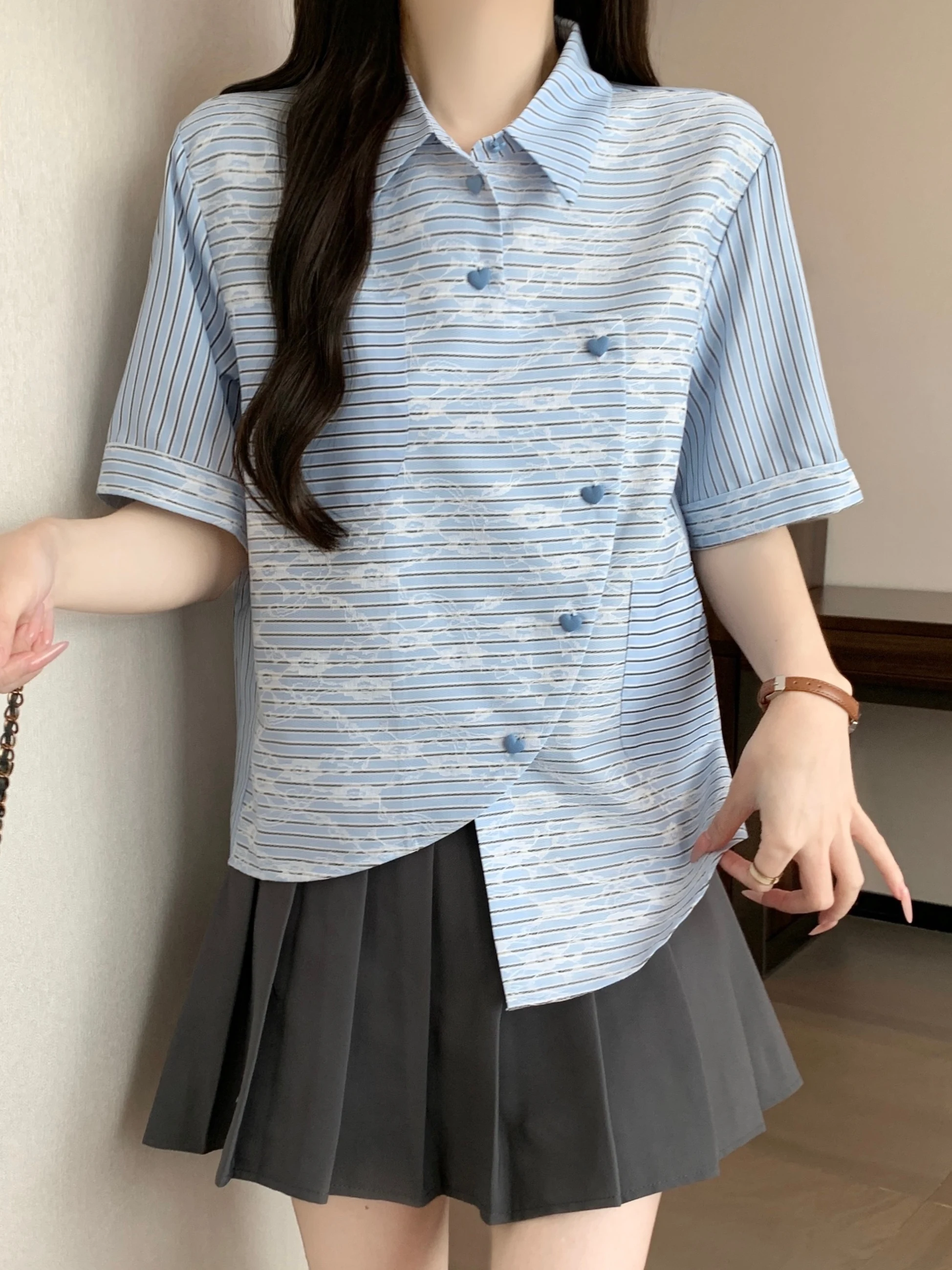Chic Light Blue Striped Short Sleeve Shirt Women's Summer New plus Size Irregular Shoulder Korean Style Commute Wind Loose Fit