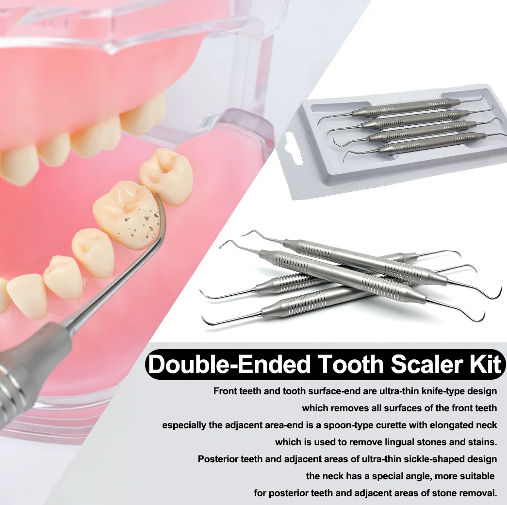 

4Pcs Double-Ended Dental Scaler Kit Stainless Steel Tooth Scraper for Teeth Cleaning Calculus Tartar Remover Dental Examination