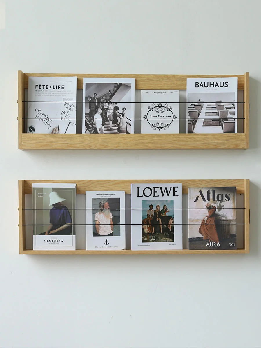 Customized Walnut wood color wall mounted book and newspaper rack Nordic magazine storage rack Bedroom wall newspaper rack