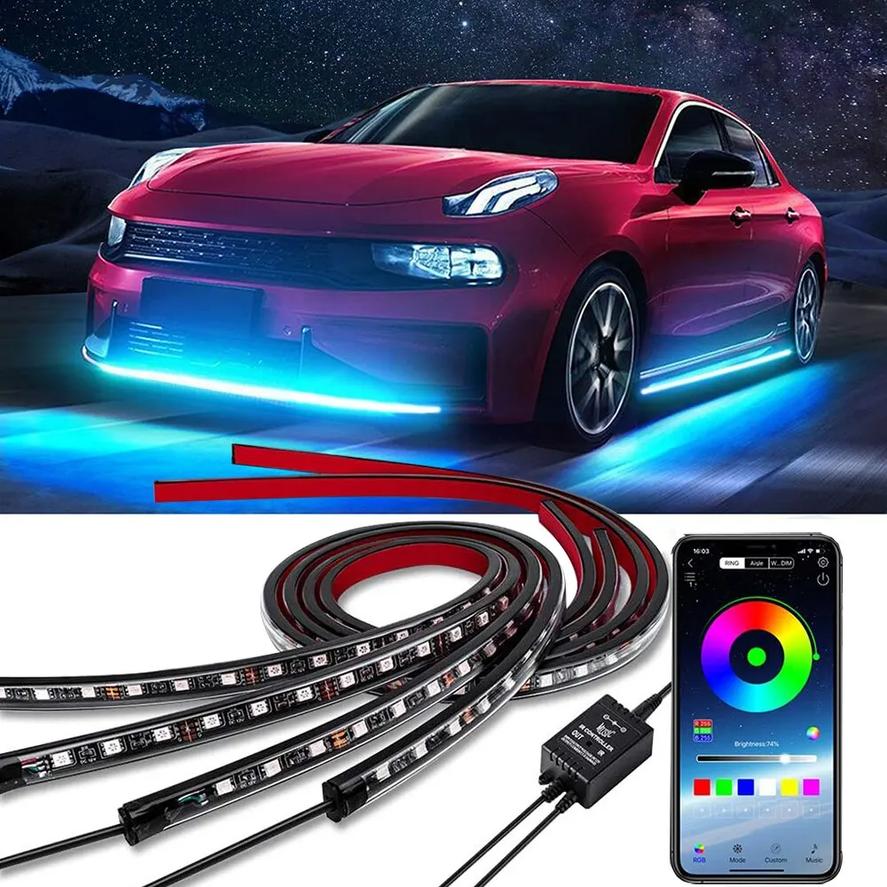 ไฟนีออน LED RGB ไฟด้านล่างสำหรับรถยนต์, โคมไฟตกแต่งหลอดไฟ LED มีความยืดหยุ่นควบคุมการทำงานผ่านแอป