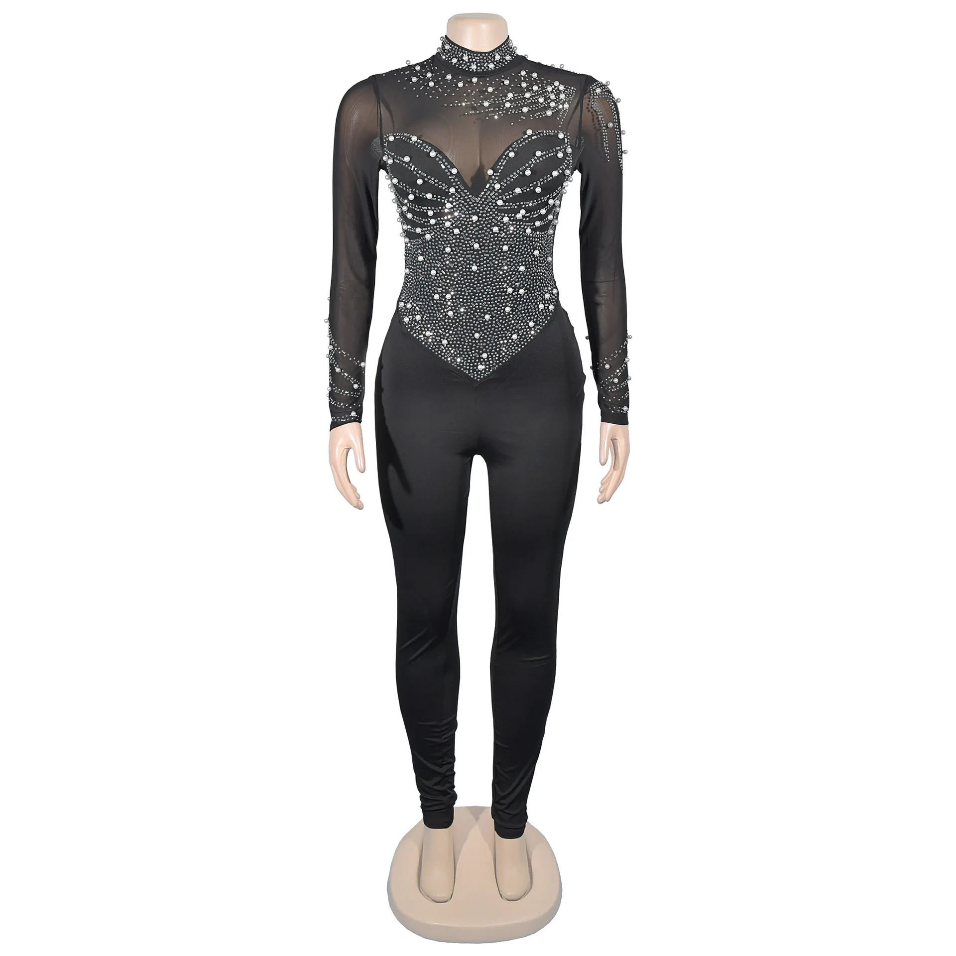

New Fashion Sexy Long Sleeve O-neck Sequins Mesh Sheer Solid Color Slim Fit Sheath Ankle-Length Jumpsuits For Women,2 Colors