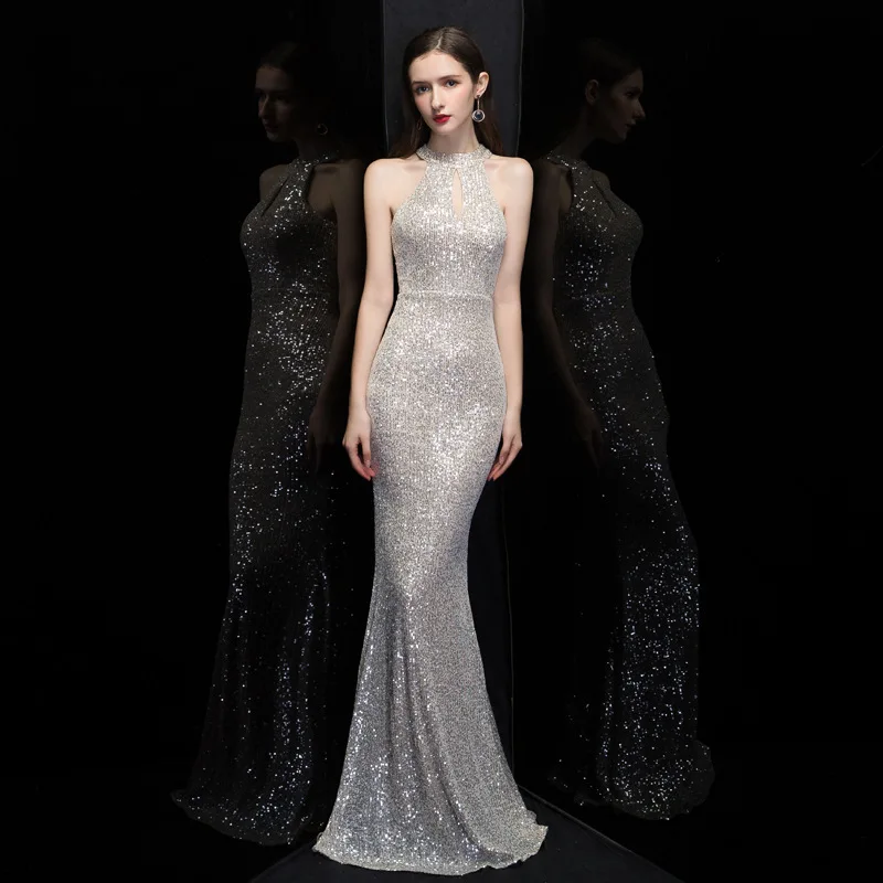 

Fishtail Evening Dress Banquet Annual Meeting Performance Host Halter Sequined Hollow-out Elegant Slim Fit Model Catwalk