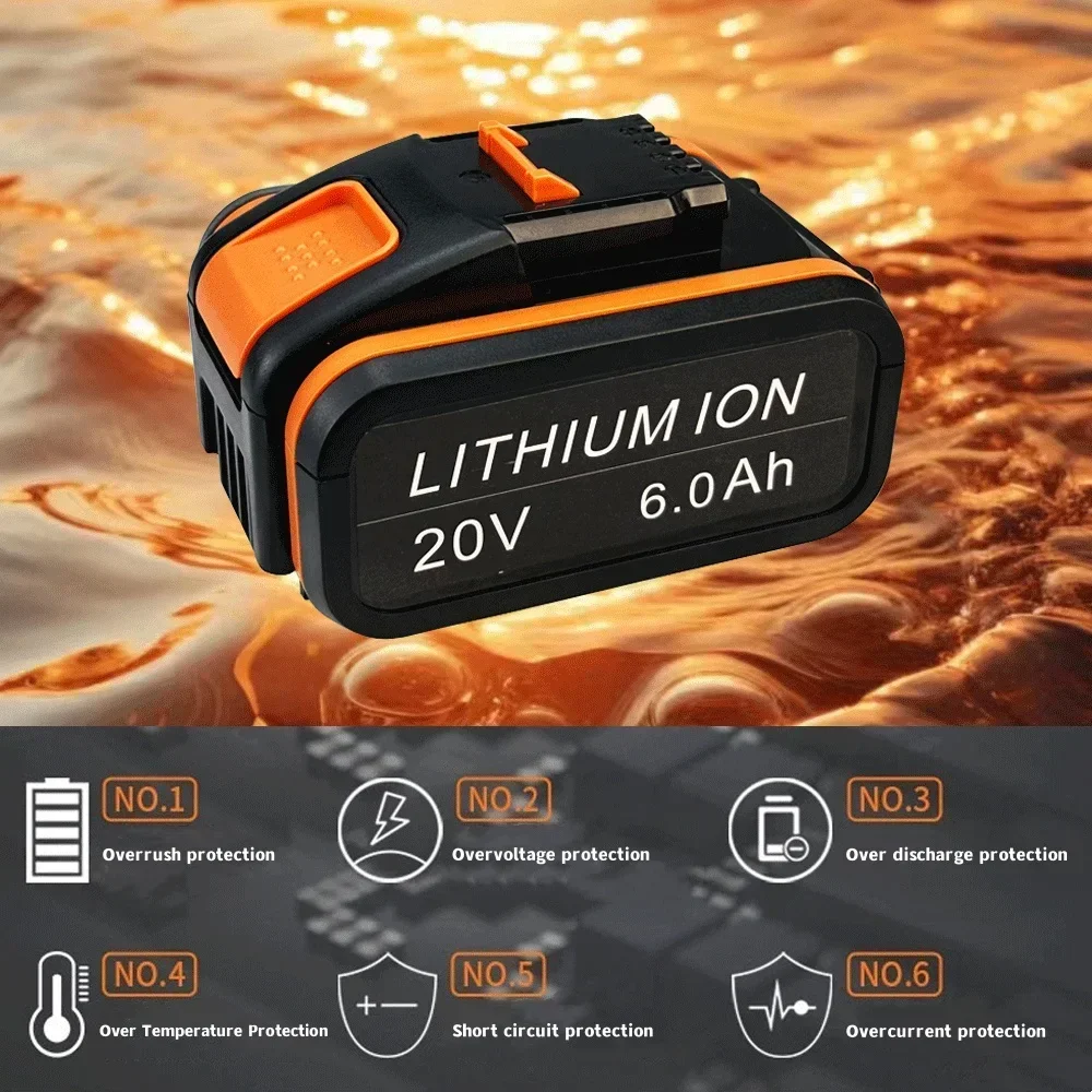 6.0Ah 20V For Worx WA3551.1 5.0Ah Li-ion Battery WA3553.2 WX390 WA3572 WX367 With charger