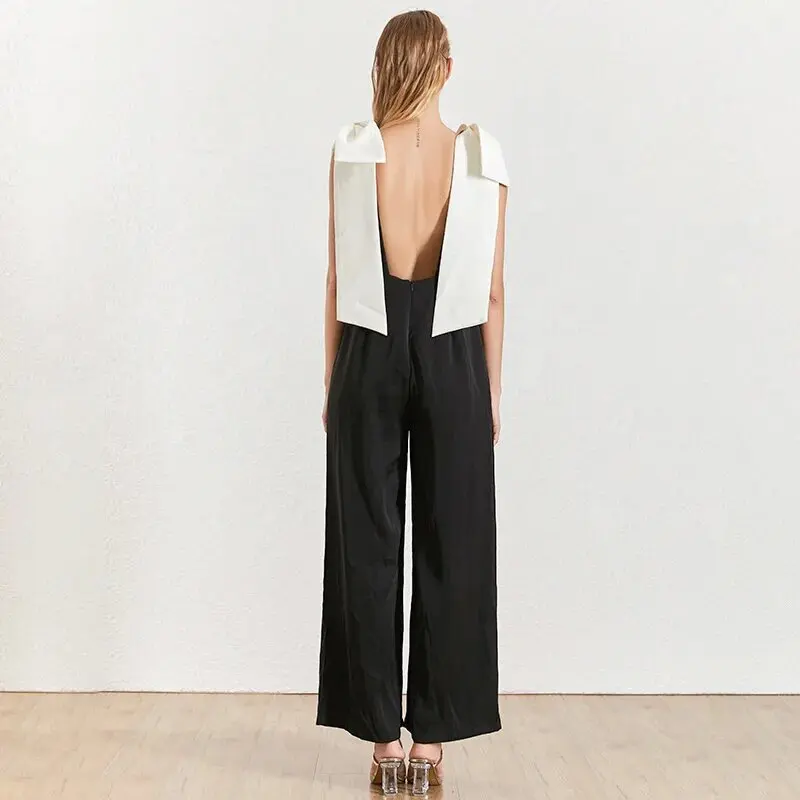 ECR Hit Color Patchwork Bowknot Casual Jumpsuits For Women Round Neck Sleeveless Minimalist Loose Wide Leg Pants Female Style