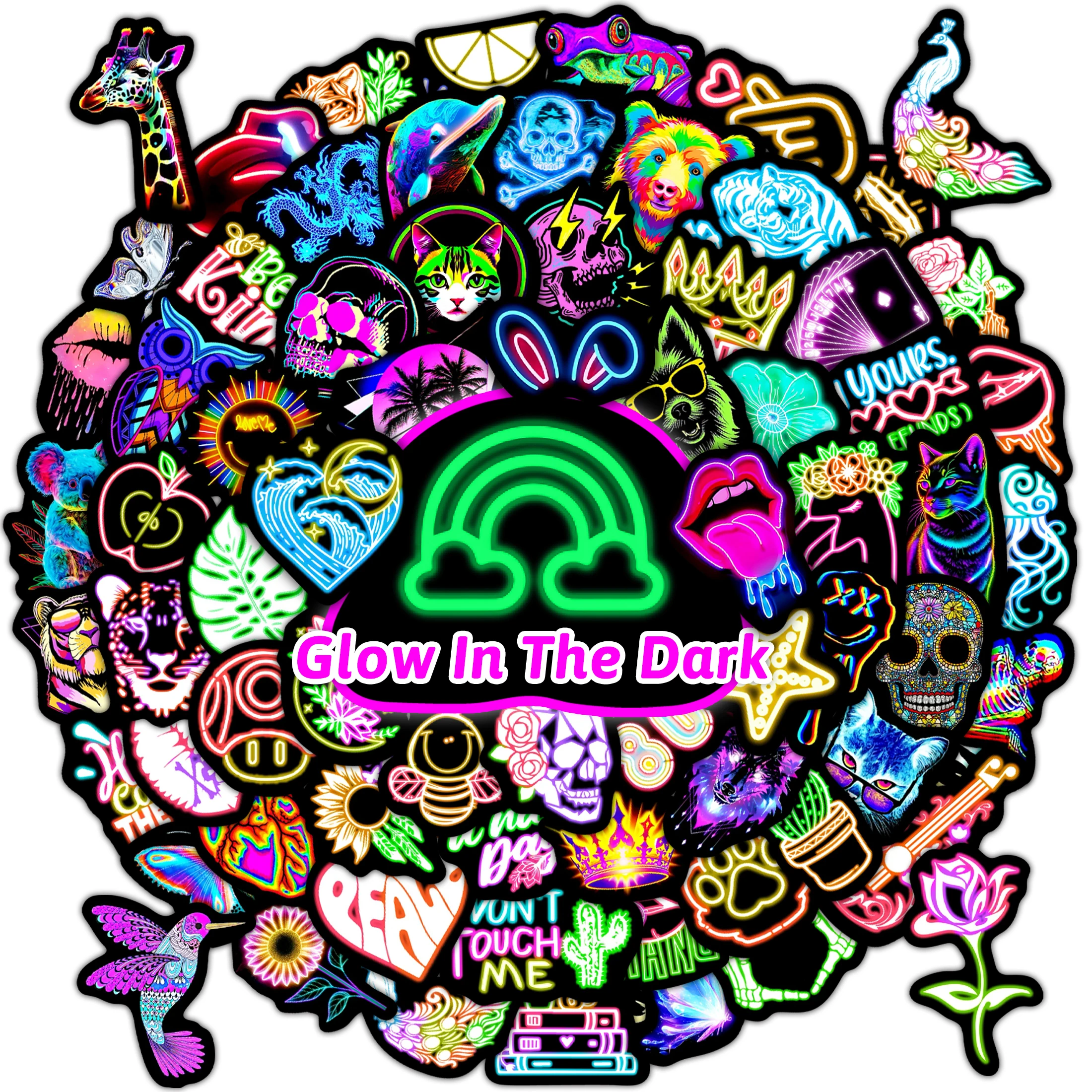 70 adesivi per bottiglie d'acqua al neon che si illuminano al buio per bambini, decalcomanie per laptop colorate e fresche per adulti, skateboard in vinile impermeabile
