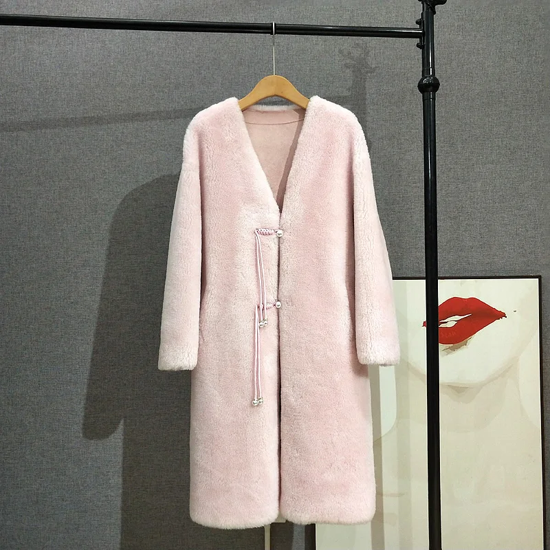 Donne 100% lana di agnello caldo cappotto lungo signora ragazza pecora Shearling perla ciondolo bottone inverno Casual Parka PT373