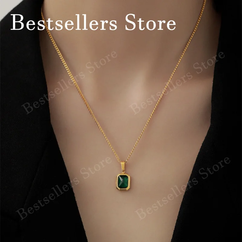 

925 Sterling Silver 18-Inch Charm Necklace with Emerald and Zircon—Elegant, Feminine, Fashionable, Party, Gift Jewelry