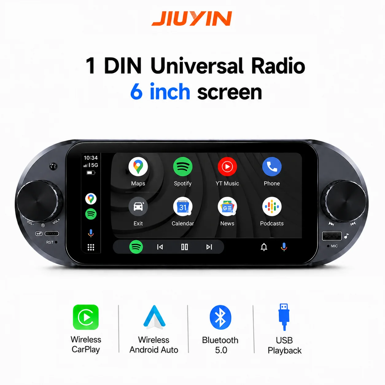 

JIUYIN 1Din Wireless CarPlay Android auto HD touch screen Universal 6 inch Car Stereo Radio multimedia player BT USB Type-c port