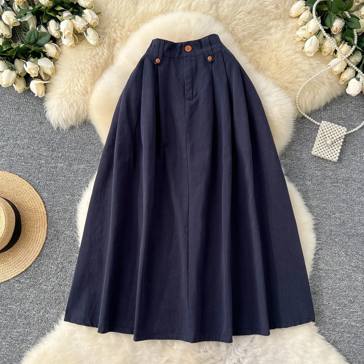 Vintage Pleated High Waist Women Slim Buttons Long A-line Skirt French High Street Streetwear Autumn Winter Basics Clothing