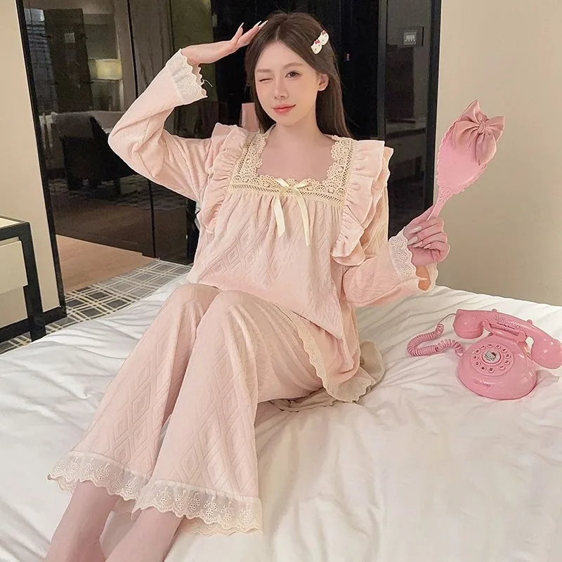 

M-5XL Plus Size Princess Style Women Pajamas Winter Island Fleece Soft Loungewear Square Neck Home Clothes Thickened Sleepwear