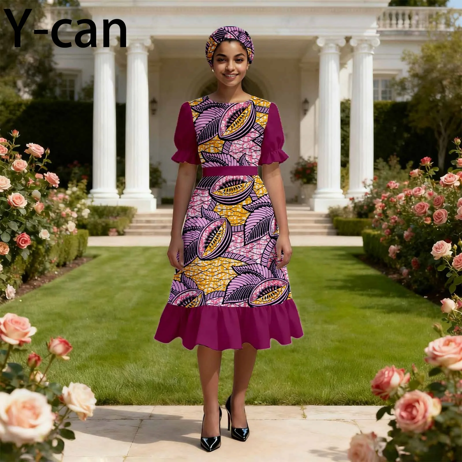 Ankara Fashion Women O-neck Short Sleeve Patchwork Print Ruffled Vestidos With Headscarf Wedding Guest Dresses for Women 2525188