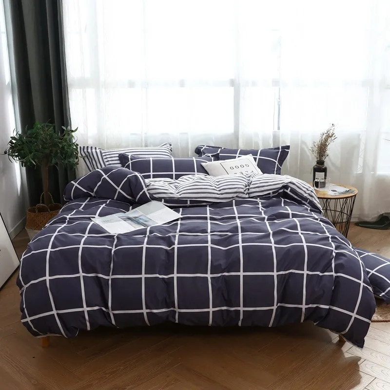 Double bed  plaid quilt cover Microfiber minimal queen twin size duvet cover with 2 pillowcases Nordic style 3pcs bedding sets