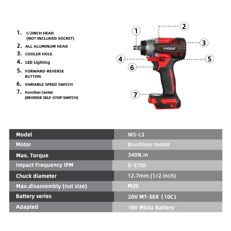 VVOSAI MT-Series 340N.m 20V Brushless Cordless Impact Wrench 1/2 Electric Socket Wrench Lithium battery LED Hand Drill Tools