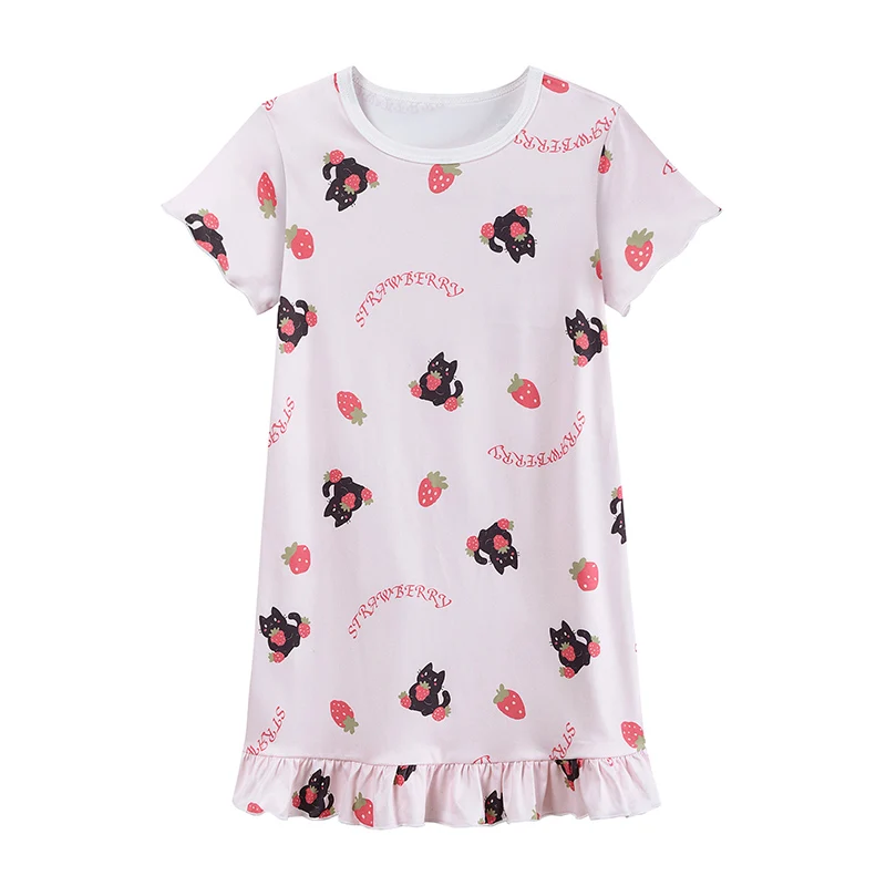Little Hand Children Casual Nightgown Cat Strawberry Printed Short Sleeve Ruffle Hem Loose Summer Pajama Dress for 3-10T Girls