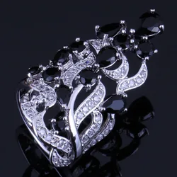 Glittering Huge Plant Black Cubic Zirconia White CZ Silver Plated Ring V0528