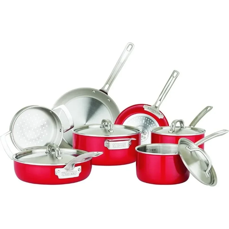 

MultiPly Color 2Ply 11pc Cookware Set with Stainless Steel Lids Red for Home Kitchen Cooking Durable NonStick Surface Even Heat