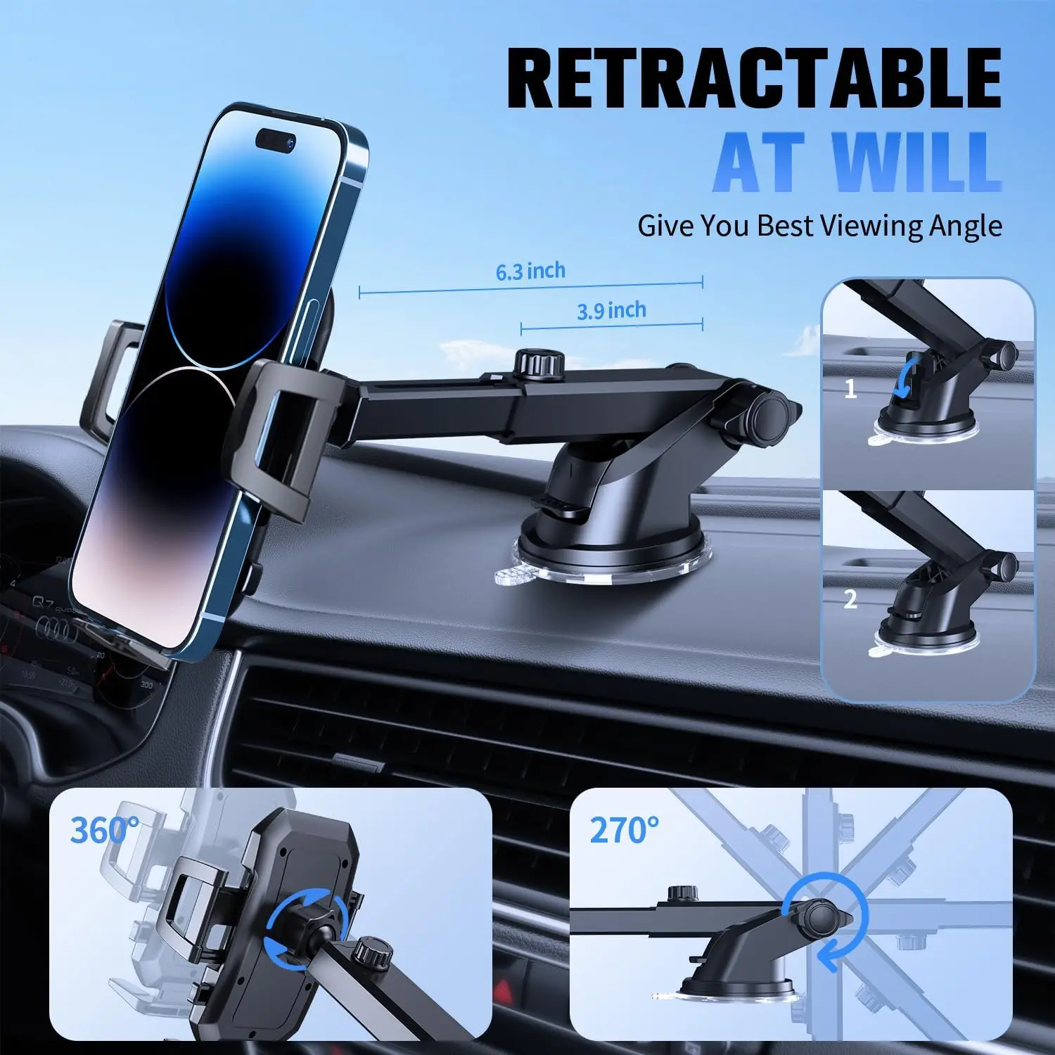 

Motriva Store SUUSON Upgraded 3-in-1 Car Phone Holder Mount [Powerful Suction] Phone Mount for Car Dashboard Air Vent Windshield,for All iPhone Samsung Android Phone, Carbon Black