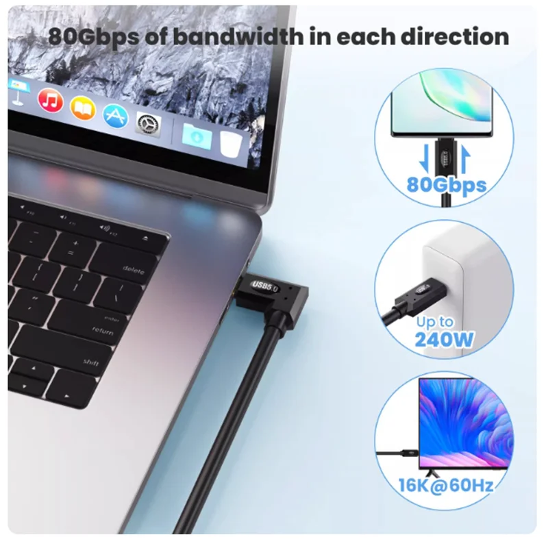 8K60HZ Lightning Multifunctional 240W 5A 40V Fast Charging 1M USB4 4.0 90 Degree Elbow Type-c male to female Extension Cable
