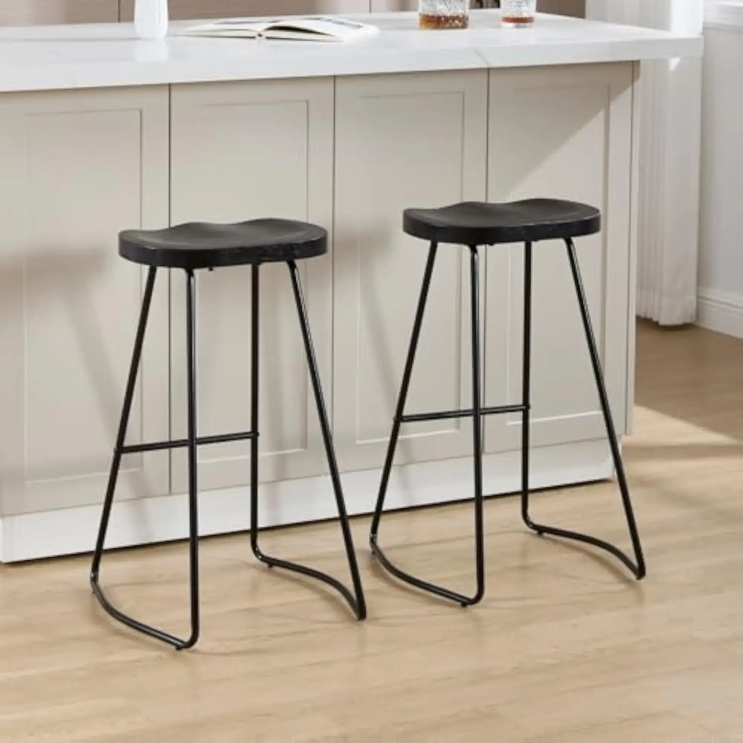 

Barstools Set of 2, Modern 28.7 Inch Counter Height Bar Stools with Metal Footrest, Round Barstool Chairs with Wood Seat for Di