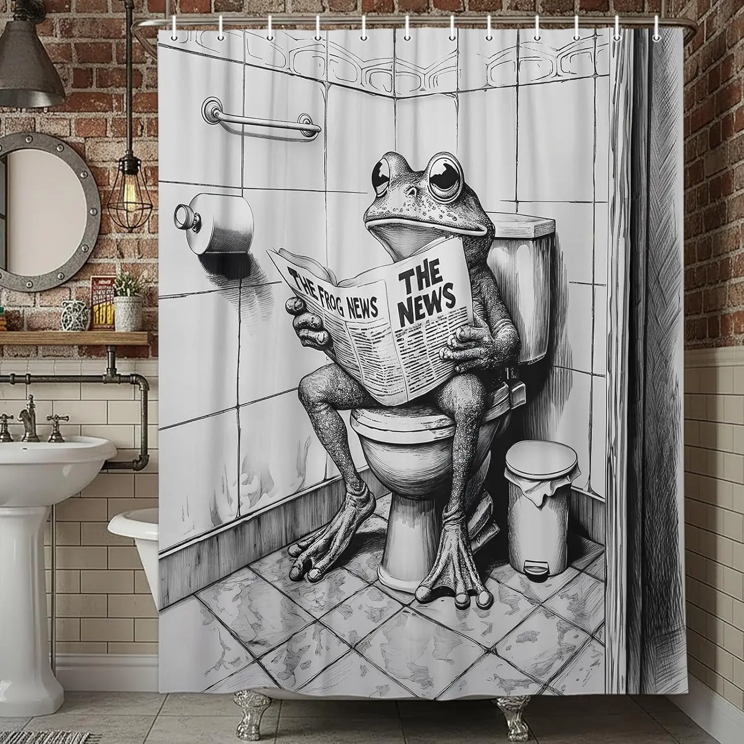 Frog Toilet Newspaper Shower Curtain Funny Animal Print for Bathroom Decor