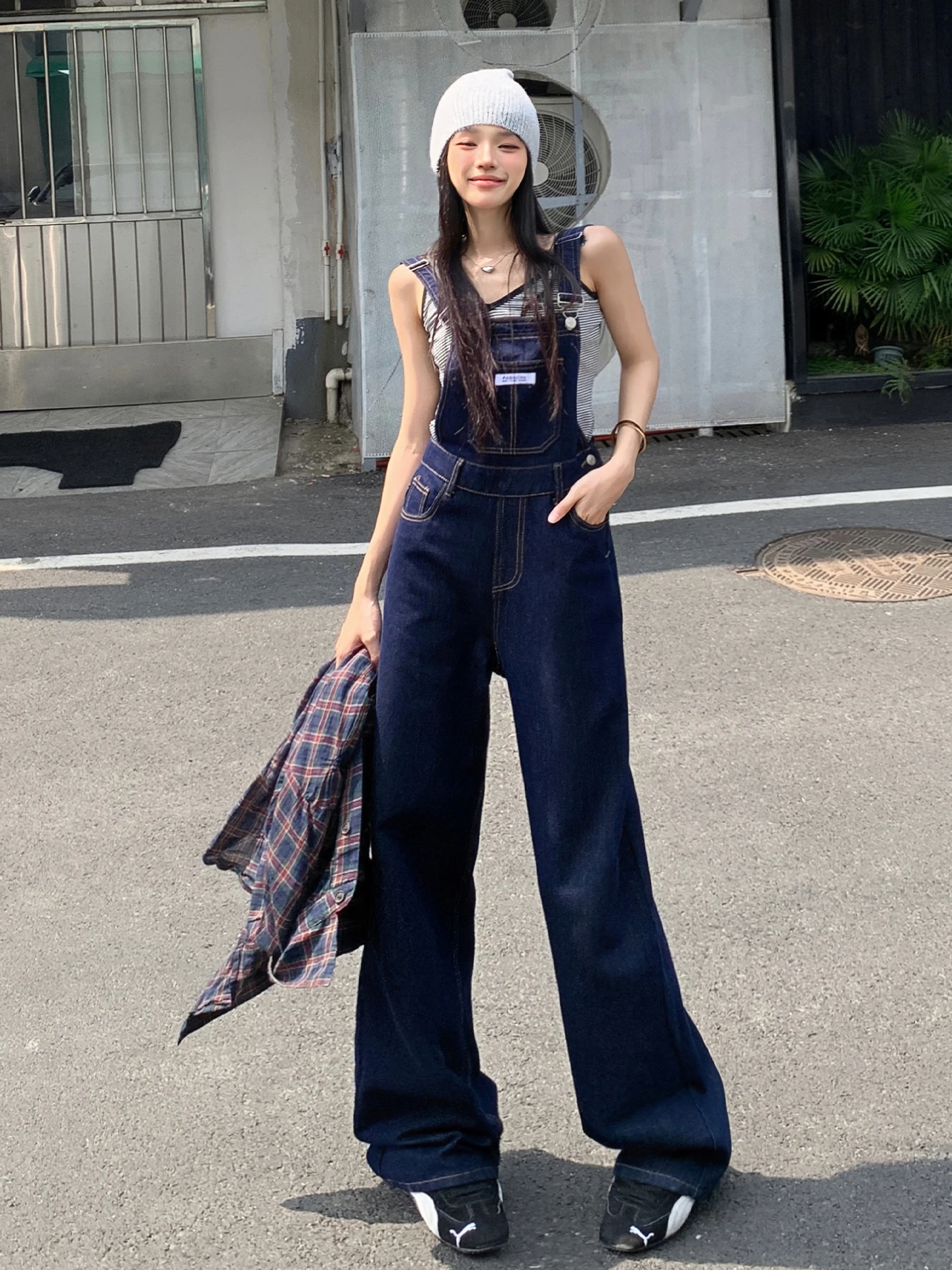 

Nkaz High Waist Denim Overalls Women's Loose Street Sle Spring Summer New Straight Leg Wide Leg Jumpsuit Anti-Aging
