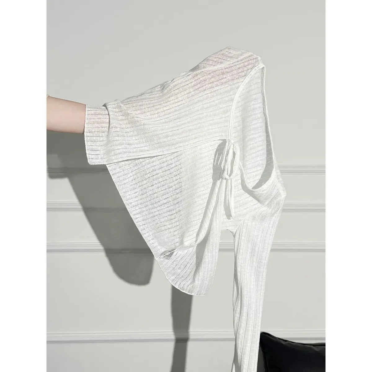 White Thin Hollow out Belted Women's Knitted Open Cardigan Short Loose Summer UV Protection Top Guangzhou Thirteenth Factory