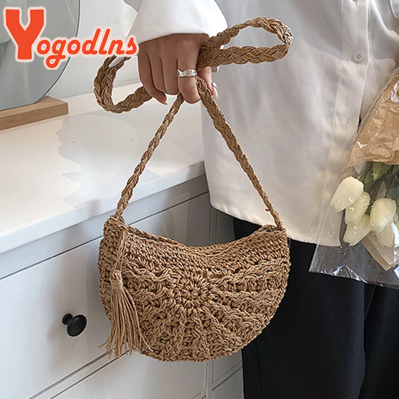 Yogodlns New Half Round Straw Bags for Women Summer Beach Rattan Bag Handmade Woven Half Moon Crossbody Handbags Bohemia