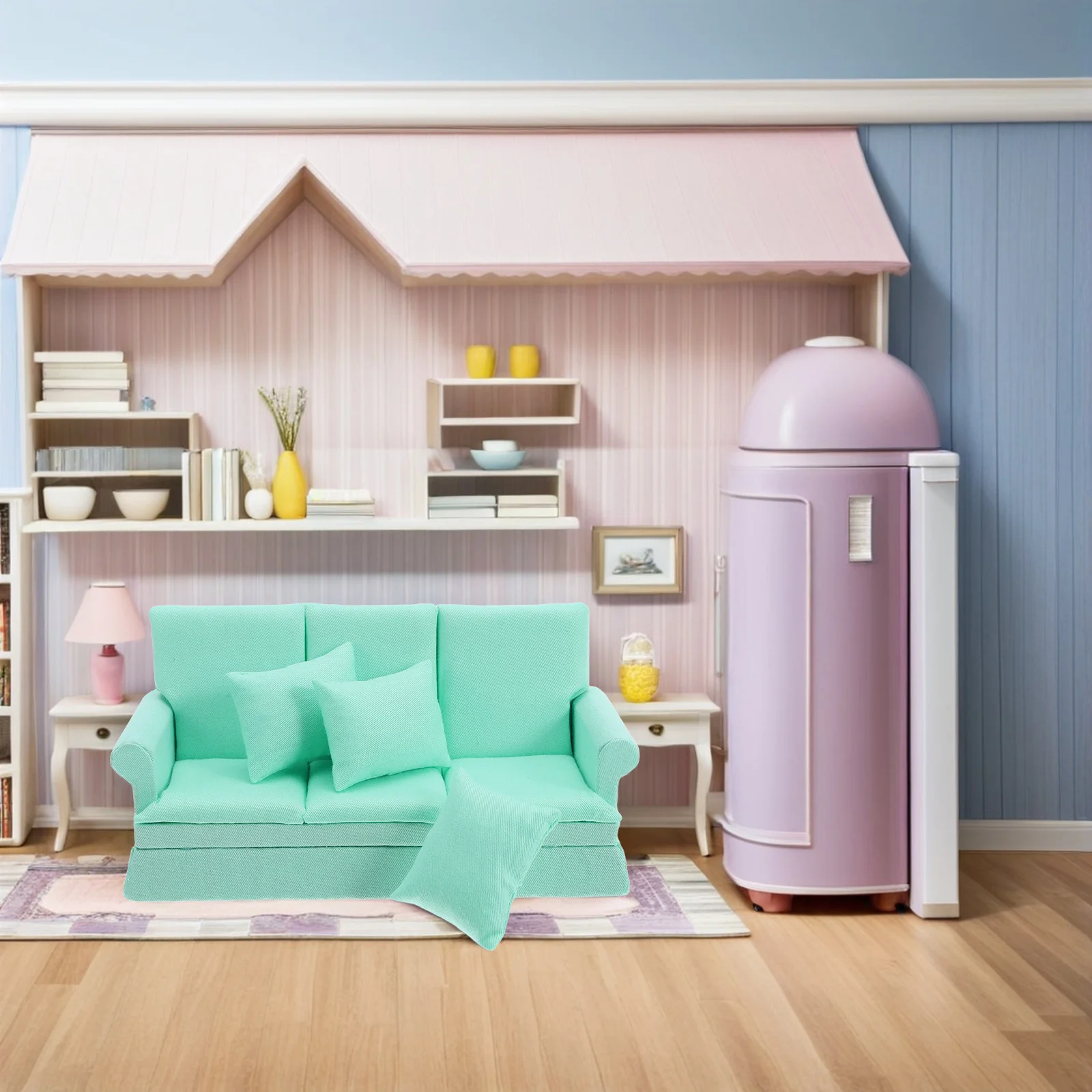 1Set miniatuur poppenhuisbank met drie zachte kussens Realistische moderne kleine bank voor woondecoratie Meubels poppenhuisbank