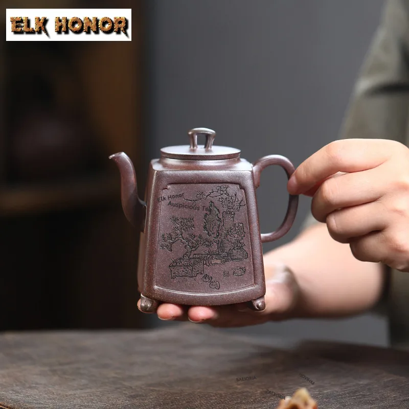 300ml Ancient Yixing Purple Clay Teapots Handmade Clear Portrait Pot Raw Ore  Mud Kettle With Infuser Zisha Tea Set Drinkware