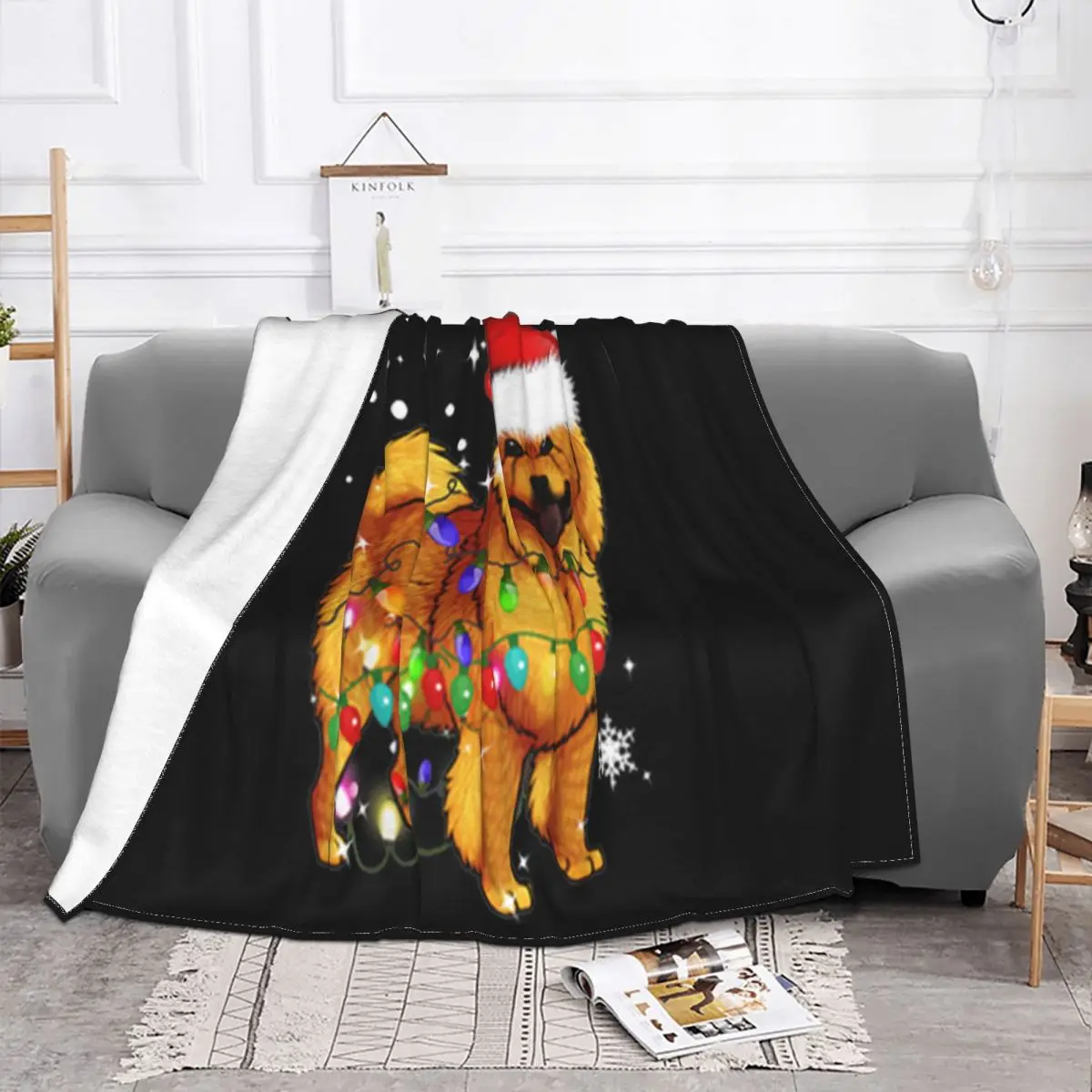 Chow Chow Dog Santa Christmas Lights Breathable Tops Cotton Humor Middle Aged Latest Vintage Any Logo Present Throw Blanket