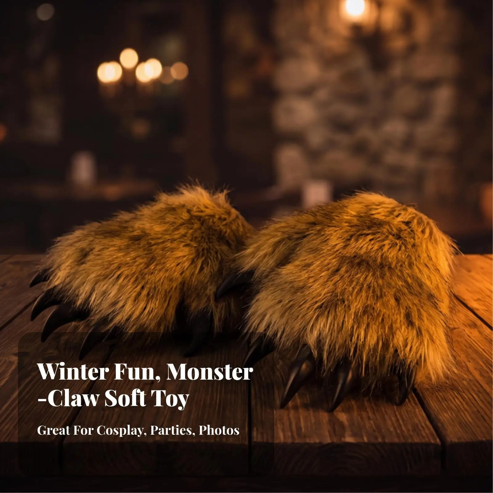 Faux Fur Claw Paw Gloves for Costume Beast Hand Covers with Black Tips for Themed Party and Creative Photography