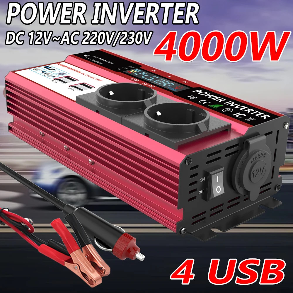 12V ~ 220V 4000W 전원 인버터 LCD 디스플레이 EU 소켓 태양광 인버터 듀얼 USB 빠른 충전 전화 노트북 자동차, 태양광 인버터 태양광 인버터