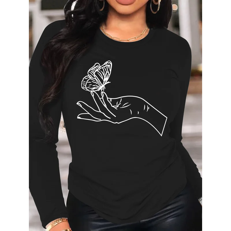 Women's Long Sleeve T-Shirt Hand Holding Butterfly Minimalist Line Art Graphic Crew Neck Slim Fit Spring Fall Tops