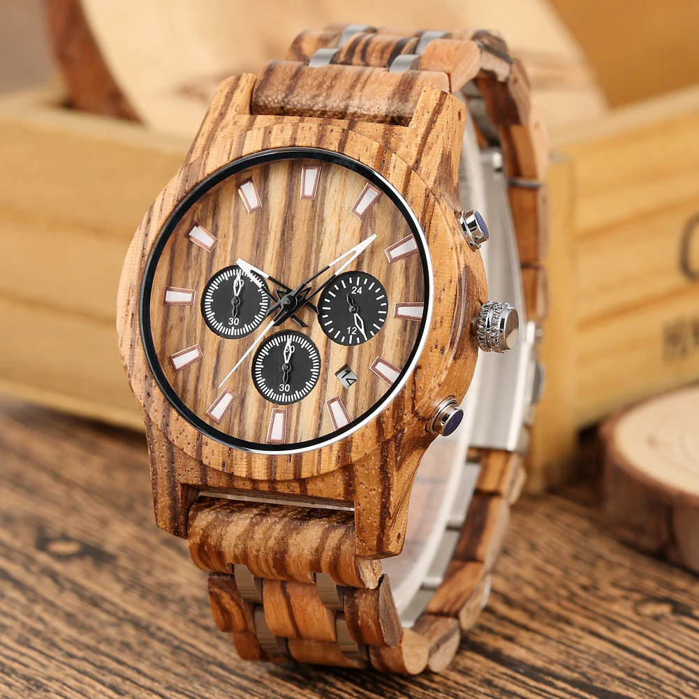 Antique Stylish Zebrawood Stainless Steel Couples Watches Quartz Wristwatch Auto-Date Chronogragh Dials Luxury Wooden Timepiece