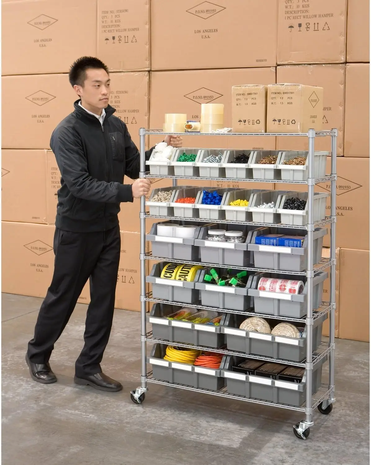Commercial 7-Tier Platinum/Gray NSF 22-Bin Rack Storage System