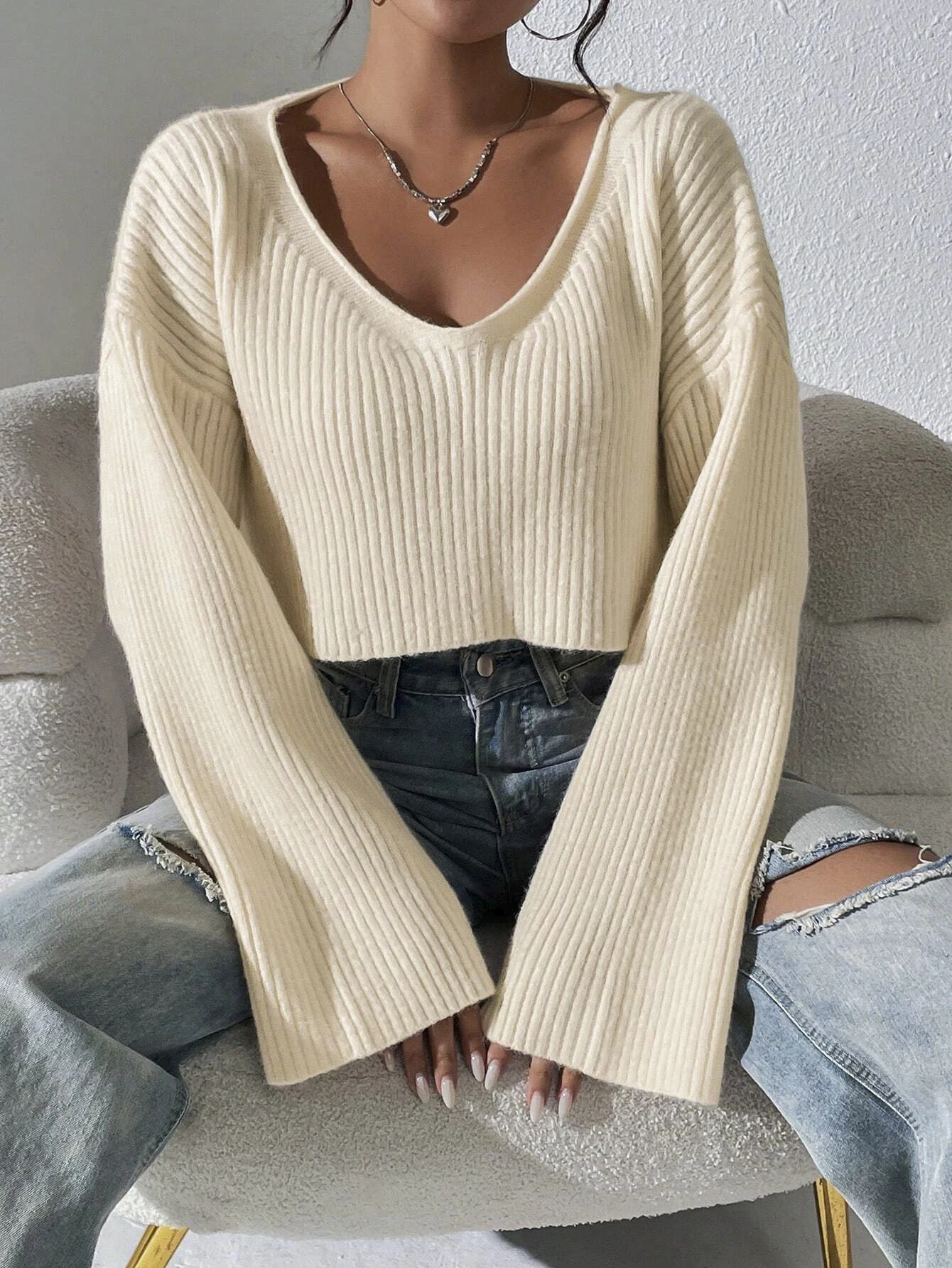 Pull tricoté à col en v pour femmes, couleur unie, haut ample avec Texture tridimensionnelle rayée, pull décontracté à la mode