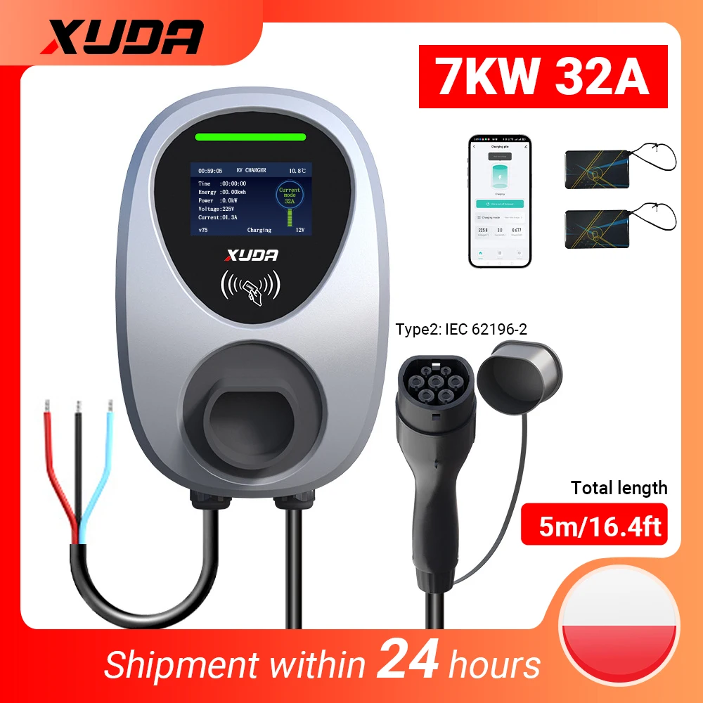 XUDA EV-laadstation 32A Elektrische Autolader EVSE Wallbox Wandmontage 7.6KW Type2 Kabel IEC62196 APP-besturing