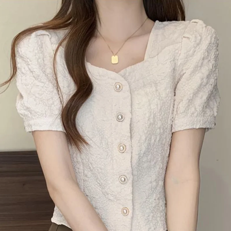 2024 New Summer Women\'s Shirt Elegant Fashion Retro Korean Style Sweet Button The Square Collar Solid Short Sleeve Chic Y2K Tops